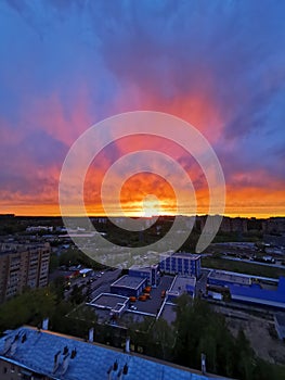 Amazing golden and red sunset, cloudscape, Krasnogorsk, Moscow, Russia