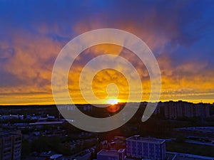 Amazing golden and red sunset, cloudscape, Krasnogorsk, Moscow, Russia