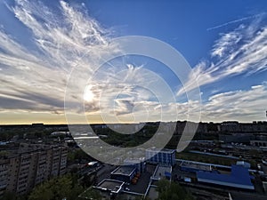 Amazing golden and red sunset, cloudscape, Krasnogorsk, Moscow, Russia, wide view