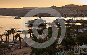 Amazing golden sunset at Eilat Red Sea bay