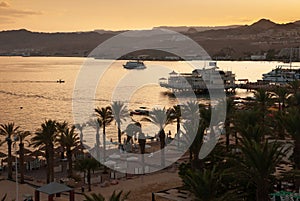Amazing golden sunset at Eilat Red Sea bay