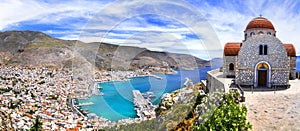 Amazing Greece series - beautiful Kalymnos island, Dodecanese. view of town and agios Savvas monastery