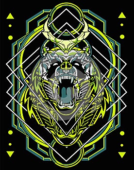 Amazing green roaring panda head cyberpunk with floral and  sacred geometry background for poster and tshirt design