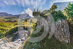 Amazing HDR rock formation on high mountain route through the Ge