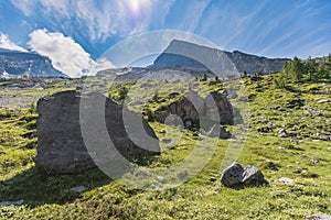 Amazing HDR rock formation on high mountain route through the Ge