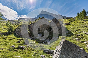 Amazing HDR rock formation on high mountain route through the Ge