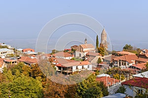 Amazing historical center of village Sighnaghi in Kakheti region, Georgia. Traditional houses with the Alazani Valley in