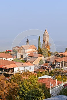 Amazing historical center of village Sighnaghi in Kakheti region, Georgia. Traditional houses with the Alazani Valley in