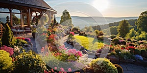 Amazing home garden at sunset in summer, upscale landscaped house backyard. Scenic view of stones, flowers, sky and green plants.