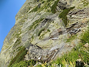 Amazing huge rocky mountains with plants, grass and moss