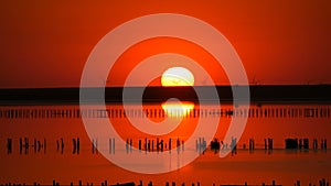 Amazing incredible red sunset with a huge round sun on a salt lake against the backdrop of silhouettes of windmills