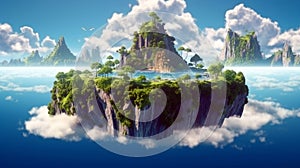 Floating fantasy island with green trees and grass waterfalls with clouds. flying heaven land