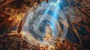Amazing karst cave inside mountain, dark cavern with beams of light from hole above. Theme of travel, wild nature, subterranean, photo