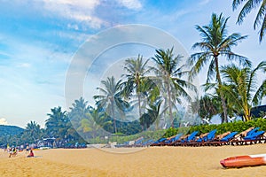 Amazing Koh Samui island beach and landscape panorama with resorts boats and palms in Thailand