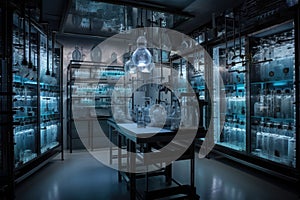 amazing laboratory, with intricate glassware and unique scientific equipment visible