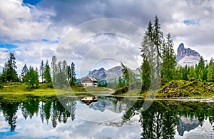 Amazing Lago Di Federa See with beautiful reflection. Majestic Landscape with Dolomites peak, Cortina D\'Ampezzo.