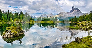 Amazing Lago Di Federa See with beautiful reflection. Majestic Landscape with Dolomites peak, Cortina D`Ampezzo, South Tyrol,