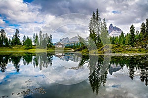 Amazing Lago Di Federa See with beautiful reflection. Majestic Landscape with Dolomites peak, Cortina D`Ampezzo, South Tyrol, photo