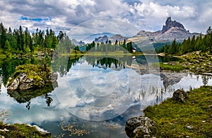 Amazing Lago Di Federa See with beautiful reflection. Majestic Landscape with Dolomites peak, Cortina D`Ampezzo, South Tyrol, photo