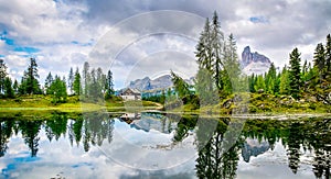 Amazing Lago Di Federa See with beautiful reflection. Majestic Landscape with Dolomites peak, Cortina D`Ampezzo, South Tyrol, photo