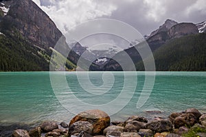 Amazing Lake Louise in Banff National Park, Alberta, Canada. Cloudy day after rain