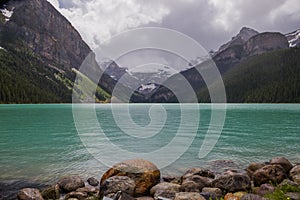 Amazing Lake Louise in Banff National Park, Alberta, Canada. Cloudy day after rain
