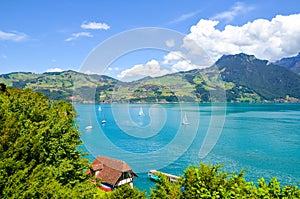 Amazing Lake Thun in Switzerland photographed with sailboats during summer season. Green hills in background. Swiss landscape.