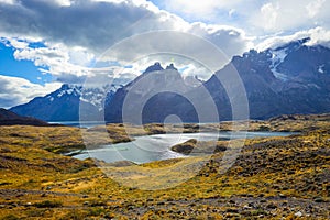 Amazing Lake under Cloudy Blue Sky in the Torres Del Paine National Park, Chile