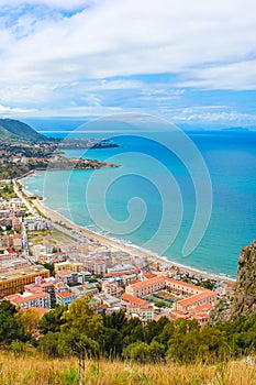 Amazing landscape around coastal village Cefalu in Italian Sicily taken from above from adjacent rock overlooking the bay.