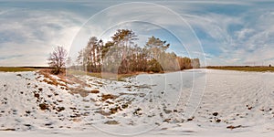 Amazing landscape with blue sky at spring trees without greens and grass with snow 3D spherical panorama with 360 degree viewing