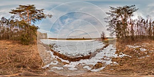 Amazing landscape with blue sky at spring trees without greens and grass with snow 3D spherical panorama with 360 degree viewing