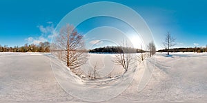 Amazing landscape with blue sky sun snow river trees at winter 3D spherical panorama with 360 degree viewing angle Ready for