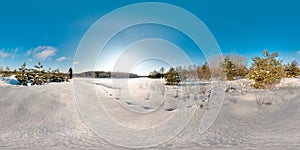 Amazing landscape with blue sky sun snow river trees at winter 3D spherical panorama with 360 degree viewing angle Ready for