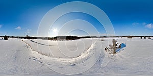 Amazing landscape with blue sky sun snow river trees at winter 3D spherical panorama with 360 degree viewing angle Ready for