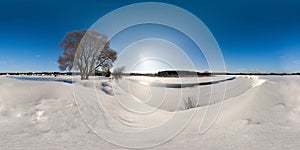 Amazing landscape with blue sky sun snow river trees at winter 3D spherical panorama with 360 degree viewing angle Ready for