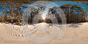 Amazing landscape with blue sky sun snow trees road at winter 3D spherical panorama with 360 degree viewing angle Ready for