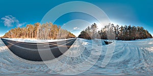 Amazing landscape with blue sky sun snow trees road at winter 3D spherical panorama with 360 degree viewing angle Ready for