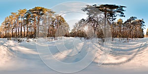 Amazing landscape with blue sky sun snow trees road at winter 3D spherical panorama with 360 degree viewing angle Ready for