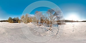 Amazing landscape with blue sky sun snow trees at winter 3D spherical panorama with 360 degree viewing angle Ready for virtual