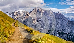 Amazing landscape of Dolomites Alps. Amazing view of Marmolada mountain. Location: South Tyrol, Dolomites, Italy, Europe. Travel