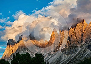 Amazing landscape of Dolomites Alps during sunset.  Location: Odle mountain range, Seceda peak in Dolomites Alps, South Tyrol,