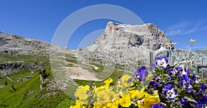 Amazing landscape at the Dolomites in Italy. View at Averau peak from Scoiattoli lodge. 5 Torri. Dolomites Unesco world heritage photo
