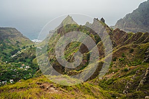 Amazing Landscape of harsh rugged mountain peaks of Ribeira de Janela and village in the valley. Santo Antao Cape Cabo