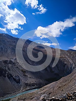 Amazing landscape with high Himalayan mountains, blue sky with clouds