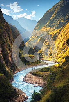 Amazing landscape with high Himalayan mountains, river photo