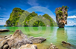 Amazing landscape of the Khao Phing Kan island with Ko Tapu rock on Phang Nga Bay in Thailand