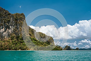 Amazing landscape of Lagen rocky island from sea, El Nido, Philippines