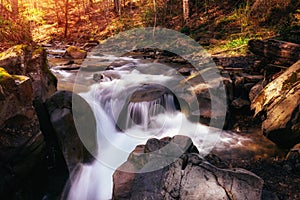 Amazing landscape mountain river in autumn forest at sunlight. View of stone water rapids and small waterfall.