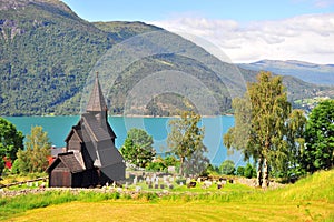 Amazing landscape with old wooden chapel on fjords