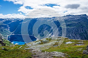 Amazing landscape of the Ringedalsvatnet Lake, Trolltunga hike,  Norway